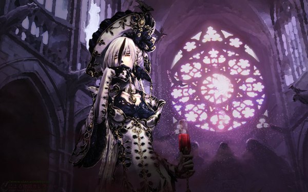 Anime picture 1920x1200 with trinity blood gonzo astharoshe asran shibamoto thores single long hair fringe highres breasts hair between eyes large breasts standing holding brown eyes signed looking away silver hair indoors braid (braids) long sleeves