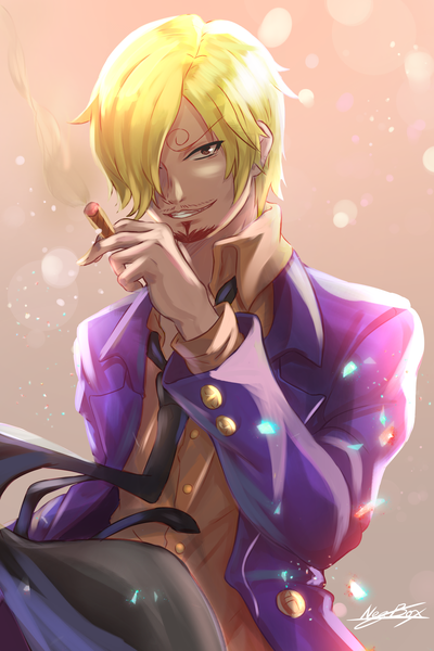 Anime picture 2400x3600 with one piece toei animation sanji nez-kun (nezkunn) single tall image looking at viewer fringe highres short hair blonde hair smile holding brown eyes signed upper body hair over one eye open clothes smoke eyebrows