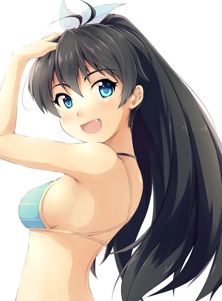 Anime picture 800x1084 with idolmaster ganaha hibiki minatric single long hair tall image looking at viewer blush breasts open mouth blue eyes light erotic black hair simple background white background ahoge ponytail teeth fang (fangs) sideboob