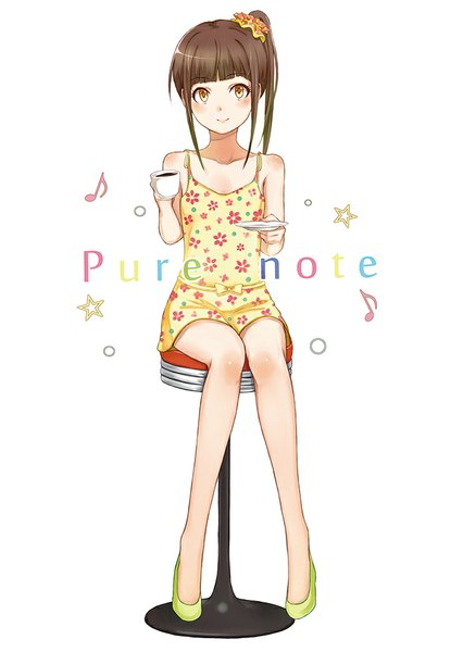 Anime picture 700x985 with original purea single long hair tall image looking at viewer blush fringe smile brown hair sitting bare shoulders brown eyes payot text side ponytail english long legs girl star (symbol)