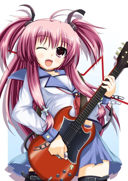 Anime picture 2480x3508 with angel beats! key (studio) yui (angel beats!) nekur single long hair tall image blush highres open mouth pink hair ahoge one eye closed pink eyes wink two side up girl skirt uniform school uniform