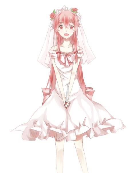 Anime picture 1240x1535 with mirai nikki gasai yuno single long hair tall image looking at viewer open mouth simple background smile white background bare shoulders pink hair pink eyes girl dress flower (flowers) knife wedding dress wedding veil