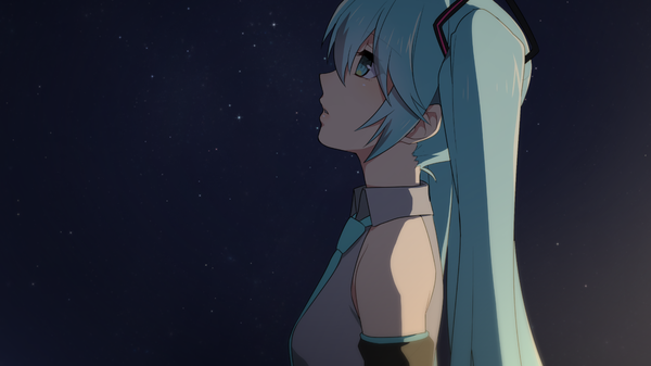 Anime picture 1280x720 with vocaloid hatsune miku matsuda toki single long hair fringe hair between eyes wide image twintails bare shoulders upper body outdoors profile aqua eyes aqua hair night looking up girl hair ornament detached sleeves