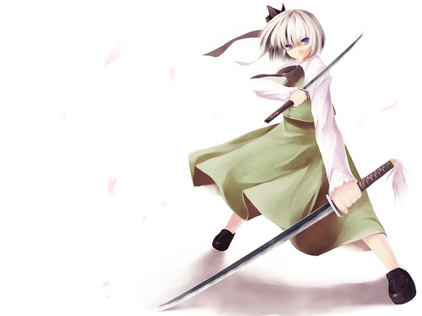 Anime picture 1600x1200 with touhou konpaku youmu white background posing girl skirt petals sword skirt set