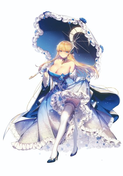 Anime picture 2879x4096 with original mendou kusai single long hair tall image looking at viewer fringe highres breasts blue eyes light erotic simple background blonde hair hair between eyes holding cleavage full body wide sleeves sparkle high heels