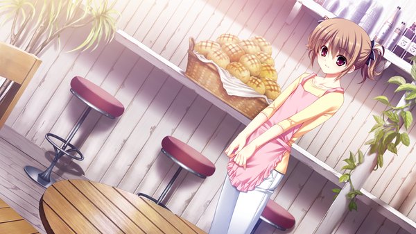 Anime picture 1024x576 with grisaia no kajitsu irisu makina fumio (ura fmo) red eyes brown hair wide image twintails game cg short twintails girl thighhighs food apron chair bread melon bread