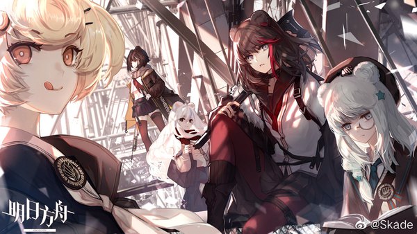 Anime picture 1280x720 with arknights rosa (arknights) zima (arknights) gummy (arknights) istina (arknights) leto (arknights) skade long hair looking at viewer short hair black hair blonde hair wide image standing sitting multiple girls signed animal ears silver hair white hair