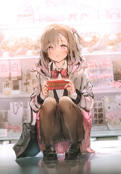 Anime picture 2406x3464 with original ghana (chocolate) lotte (company) anmi single long hair tall image looking at viewer blush fringe highres open mouth light erotic hair between eyes brown hair holding full body indoors long sleeves pink eyes