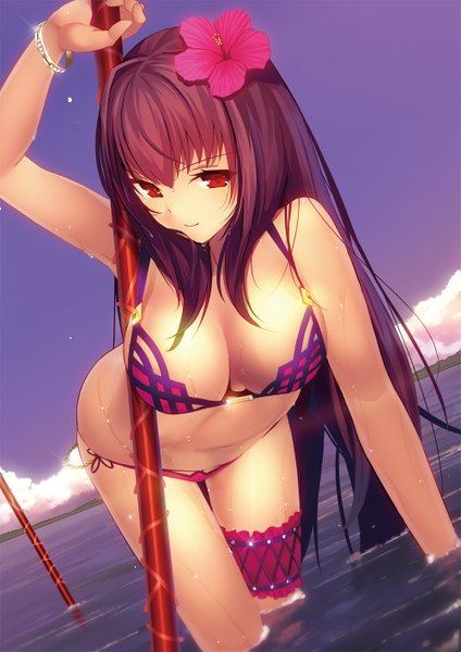 Anime picture 1000x1416 with fate (series) fate/grand order scathach (fate) (all) scathach (swimsuit assassin) (fate) machimura komori single tall image looking at viewer fringe breasts light erotic hair between eyes red eyes large breasts holding sky cleavage purple hair cloud (clouds) outdoors