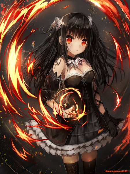 Anime picture 900x1200 with original kohaku muro single long hair tall image looking at viewer fringe standing signed payot cleavage orange hair two side up magic dark background lacing bandaid on face girl thighhighs dress