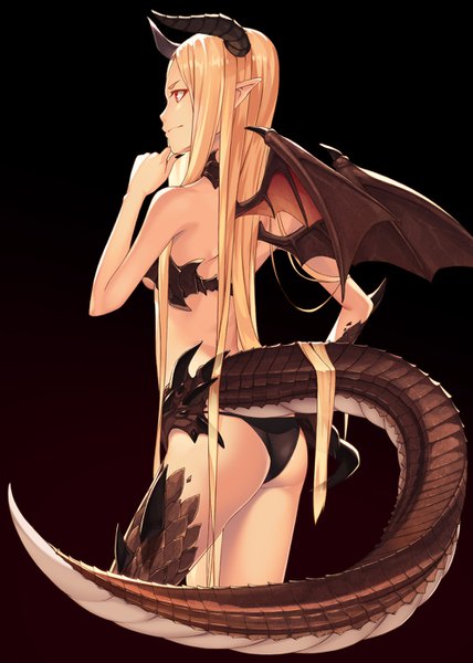 Anime picture 1000x1400 with original kimura (ykimu) single long hair tall image fringe breasts light erotic simple background blonde hair looking away ass tail nail polish profile horn (horns) fingernails pointy ears from behind gradient background