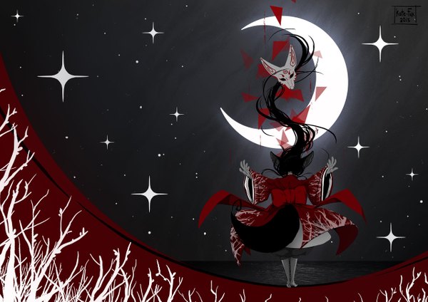 Anime picture 1280x905 with original kate-fox single long hair black hair standing animal ears tail long sleeves traditional clothes japanese clothes animal tail from behind night wide sleeves night sky fox ears fox tail fox girl spread arms