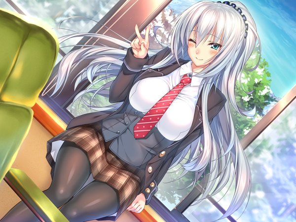 Anime picture 2048x1536 with amakano suzurikawa euphrasie ruika piromizu single long hair blush fringe highres breasts blue eyes smile large breasts sitting game cg sky silver hair cloud (clouds) one eye closed wink victory