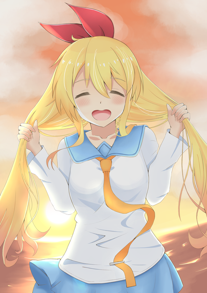 Anime picture 2894x4093 with nisekoi shaft (studio) kirisaki chitoge sylux single long hair tall image fringe highres open mouth blonde hair smile hair between eyes twintails eyes closed evening sunset alternate hairstyle ^ ^ holding hair