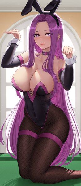 Anime picture 2099x4800 with fate (series) fate/stay night rider zaphn single long hair tall image looking at viewer blush fringe highres breasts light erotic large breasts purple eyes bare shoulders animal ears cleavage purple hair bent knee (knees)