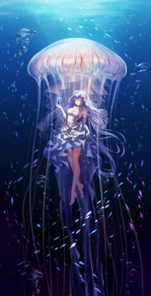 Anime picture 2894x5650 with girls frontline hk416 (girls frontline) san ka single tall image blush fringe highres blue hair full body eyes closed very long hair parted lips barefoot bare legs facial mark underwater girl dress gloves