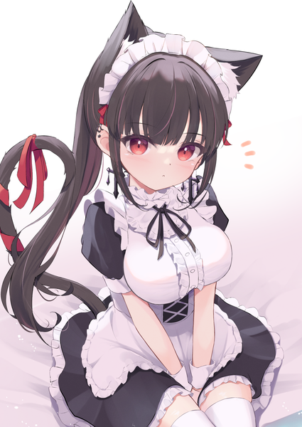Anime picture 1003x1416 with original mikaze oto single long hair tall image black hair red eyes sitting animal ears ponytail tail animal tail from above cat ears maid cat girl cat tail piercing ear piercing tail ribbon
