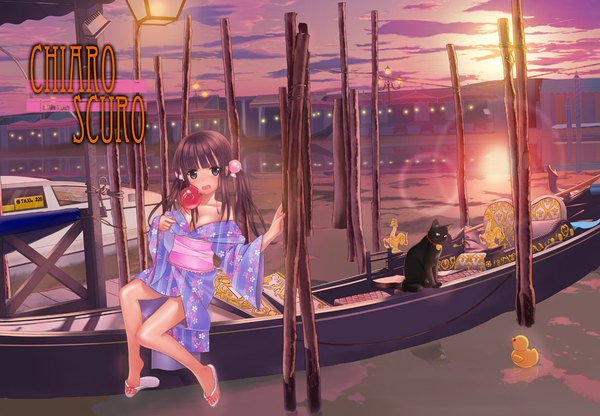 Anime picture 1110x770 with original sakimiya naon single long hair blush open mouth light erotic brown hair twintails japanese clothes black eyes evening sunset girl food kimono cat candy apple