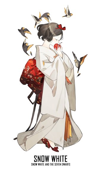 Anime picture 500x868 with snow white and the seven dwarfs snow white star shadow magician single tall image blush short hair black hair simple background standing white background holding full body eyes closed long sleeves traditional clothes head tilt japanese clothes profile inscription