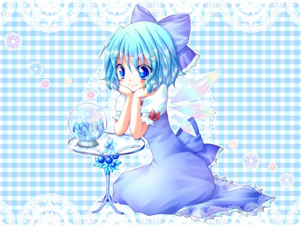 Anime picture 1600x1200 with touhou cirno meiya neon single blush short hair blue eyes smile blue hair kneeling chin rest cute girl dress hair ornament bow hair bow wings snow globe