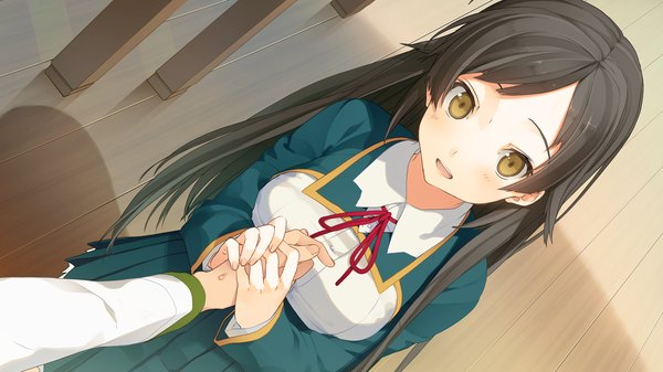 Аниме картинка 1280x720 с ima sugu onii-chan ni imouto da tte iitai! kanzaki miku akinashi yuu длинные волосы открытый рот чёрные волосы широкое изображение жёлтые глаза game cg девушка форма школьная форма рука