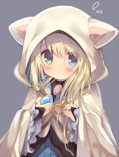 Anime picture 746x990 with original usamata single long hair tall image looking at viewer blush fringe simple background blonde hair animal ears cat ears grey background heterochromia fake animal ears girl pendant hood