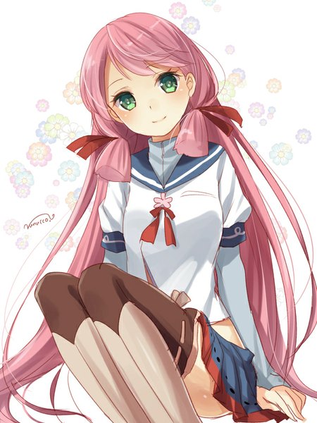 Anime picture 600x800 with kantai collection akashi repair ship nunucco single long hair tall image looking at viewer blush smile white background sitting green eyes signed pink hair girl thighhighs ribbon (ribbons) hair ribbon knee boots sailor suit