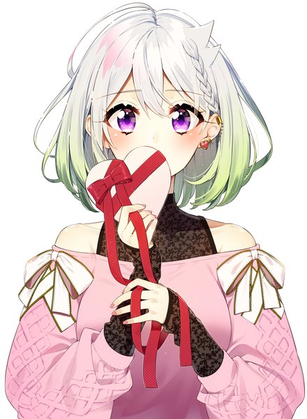 Anime picture 1500x2047 with virtual youtuber yuni channel yuni (yuni channel) sakuragi ren single tall image looking at viewer blush fringe short hair simple background hair between eyes white background purple eyes bare shoulders silver hair upper body piercing ear piercing gradient hair