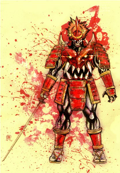 Anime picture 1024x1472 with vampire / darkstalkers (game) bishamon tall image demon warrior samurai blank eyes demon eyes sword armor katana blood