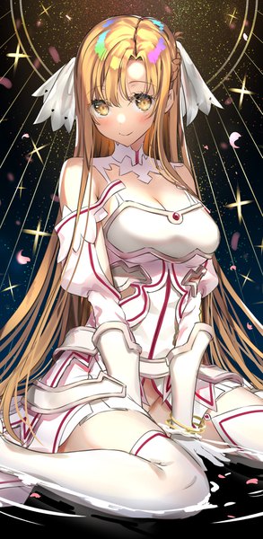 Anime picture 1077x2200 with sword art online sword art online: alicization a-1 pictures yuuki asuna asahina hikage single long hair tall image looking at viewer blush fringe breasts light erotic smile hair between eyes brown hair large breasts sitting bare shoulders yellow eyes