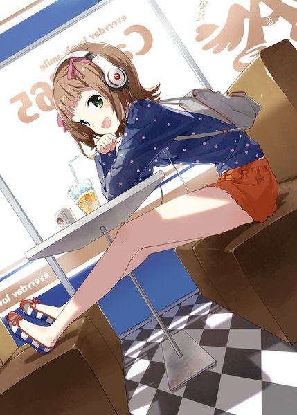 Anime picture 748x1047 with idolmaster amami haruka tiv single tall image looking at viewer fringe short hair open mouth brown hair sitting green eyes legs happy checkered floor checkered girl skirt bow ribbon (ribbons)