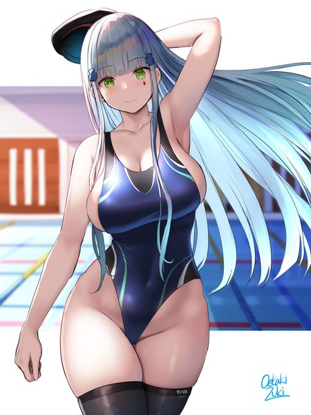 Anime picture 900x1200 with girls frontline hk416 (girls frontline) oekakizuki single long hair tall image looking at viewer blush fringe breasts light erotic smile large breasts standing green eyes signed payot blue hair indoors blunt bangs