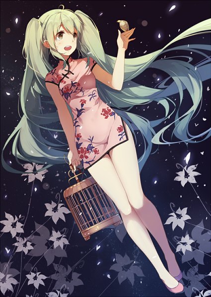 Anime picture 800x1130 with vocaloid hatsune miku caidychen single tall image open mouth twintails very long hair aqua eyes aqua hair chinese clothes dark background abstract girl flower (flowers) animal petals bird (birds) chinese dress cage