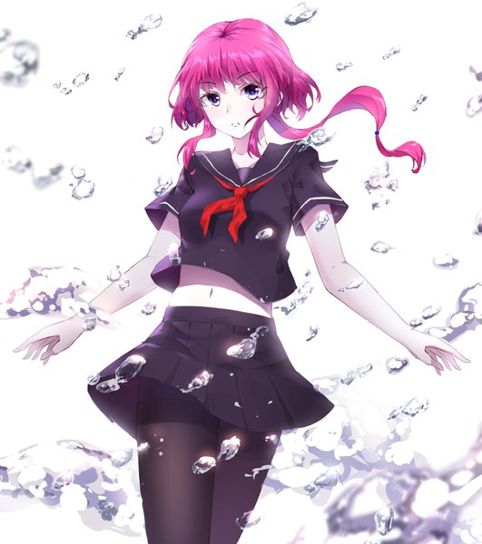 Anime picture 3108x3508 with original zhl single long hair tall image looking at viewer fringe highres simple background standing white background purple eyes payot pink hair absurdres parted lips pleated skirt short sleeves midriff skirt flip