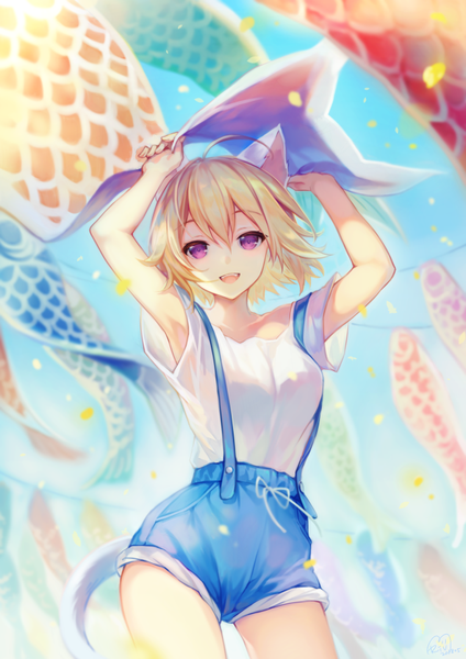 Anime picture 650x919 with original riv single tall image looking at viewer fringe short hair open mouth blonde hair smile hair between eyes standing purple eyes animal ears ahoge tail :d animal tail wind cat ears