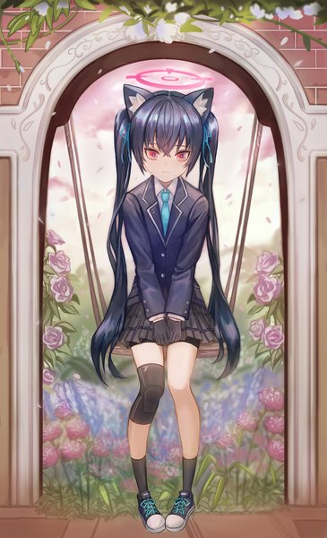 Anime picture 1000x1644 with blue archive serika (blue archive) doridorijamjam single long hair tall image fringe black hair hair between eyes sitting twintails animal ears full body pink eyes sad girl gloves uniform flower (flowers) ribbon (ribbons)