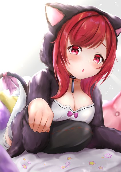 Anime picture 1062x1505 with azur lane i-19 (azur lane) i-19 (pillowy paradise) (azur lane) amano kusatsu single long hair tall image looking at viewer blush fringe breasts open mouth light erotic red eyes large breasts animal ears payot cleavage full body red hair
