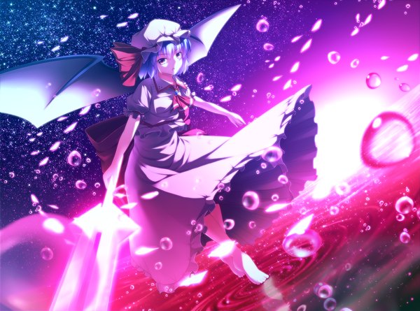 Anime picture 1200x890 with touhou remilia scarlet ryosios single short hair purple eyes blue hair girl weapon hat petals wings water splashes