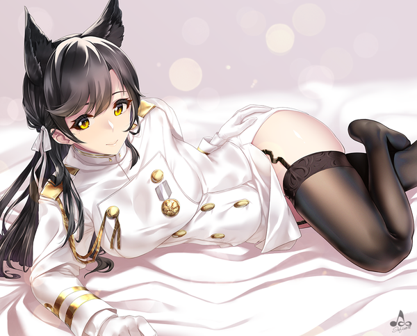 Anime picture 1300x1048 with azur lane atago (azur lane) infinote single long hair fringe breasts light erotic black hair hair between eyes large breasts signed animal ears yellow eyes lying hand on hip on side extra ears military girl