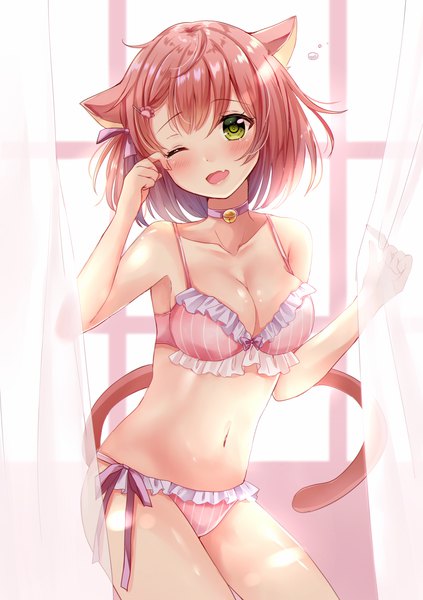 Anime picture 834x1182 with original sakura hiyori single tall image looking at viewer short hair breasts open mouth light erotic brown hair green eyes animal ears ahoge tail head tilt animal tail one eye closed cat ears cat girl cat tail