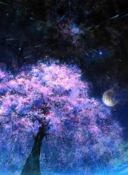 Anime picture 2500x3429 with original iy (tsujiki) tall image highres night night sky cherry blossoms fantasy scenic nature plant (plants) tree (trees) moon star (stars) planet