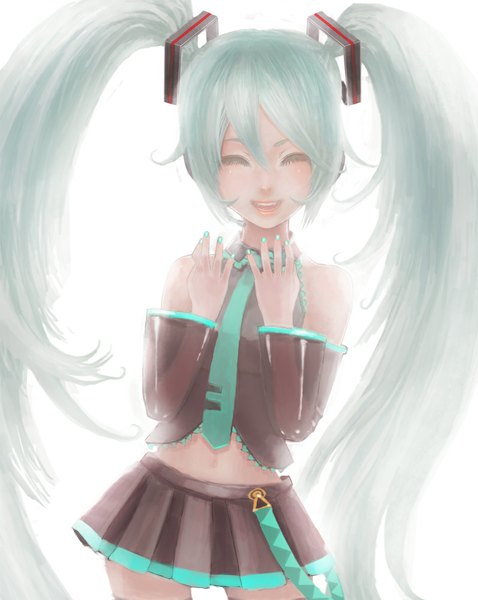 Anime picture 797x1000 with vocaloid hatsune miku cherokee single long hair tall image blush open mouth simple background smile white background twintails eyes closed nail polish pleated skirt aqua hair teeth happy girl skirt