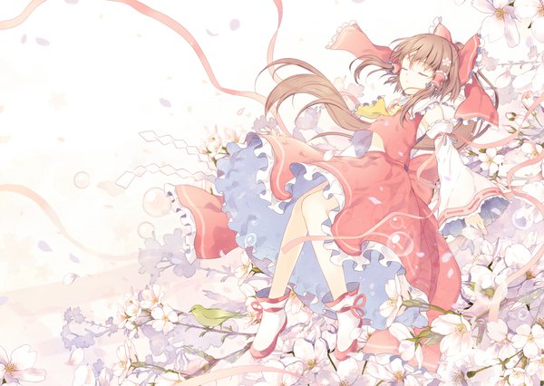 Anime picture 1024x728 with touhou hakurei reimu 6u (eternal land) single long hair simple background brown hair white background eyes closed traditional clothes miko girl dress skirt flower (flowers) ribbon (ribbons) bow hair bow detached sleeves frills