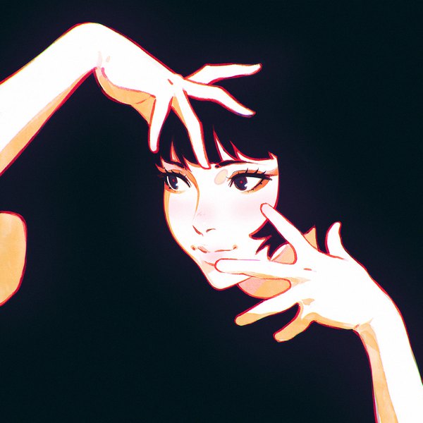 Anime picture 1080x1080 with original ilya kuvshinov single black hair simple background looking away upper body black eyes arms up black background blending girl