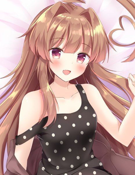 Anime picture 724x931 with kantai collection kuma light cruiser masayo (gin no ame) single long hair tall image looking at viewer blush open mouth brown hair purple eyes upper body lying :d on back fang (fangs) strap slip polka dot girl