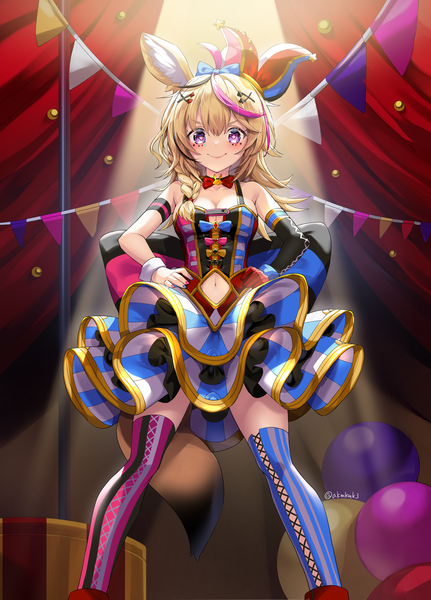 Anime picture 2646x3679 with virtual youtuber hololive omaru polka akamoku single long hair tall image looking at viewer highres blonde hair smile standing purple eyes signed animal ears cleavage braid (braids) bare belly twitter username side braid