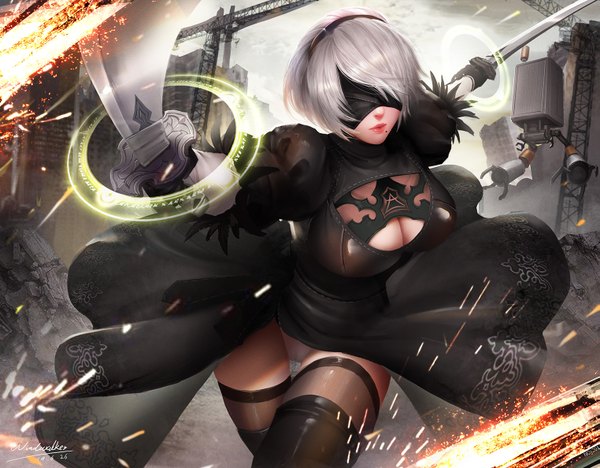 Anime picture 1523x1188 with nier nier:automata yorha no. 2 type b pod (nier:automata) turewindwalker single fringe short hair breasts light erotic large breasts standing holding signed sky cleavage silver hair cloud (clouds) outdoors realistic