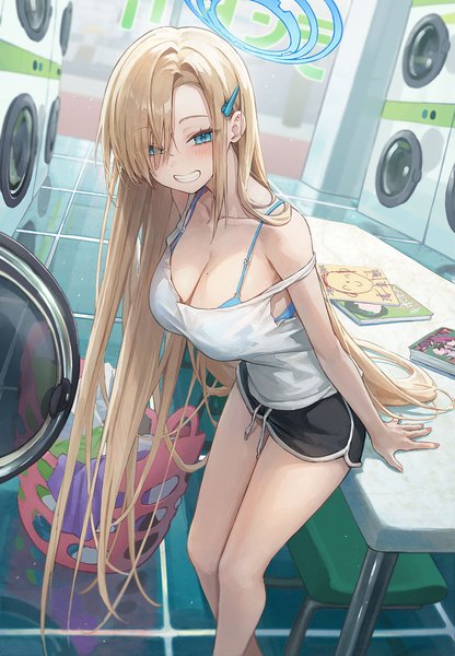 Anime picture 1000x1444 with blue archive asuna (blue archive) sensei (blue archive) doodle sensei (blue archive) r o ha single tall image blush breasts blue eyes light erotic blonde hair smile large breasts standing cleavage indoors very long hair mole arm support