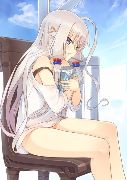 Anime picture 2507x3541 with original ruma imaginary single long hair tall image blush fringe highres blue eyes hair between eyes sitting bare shoulders holding sky silver hair cloud (clouds) ahoge bent knee (knees) pointy ears bare legs