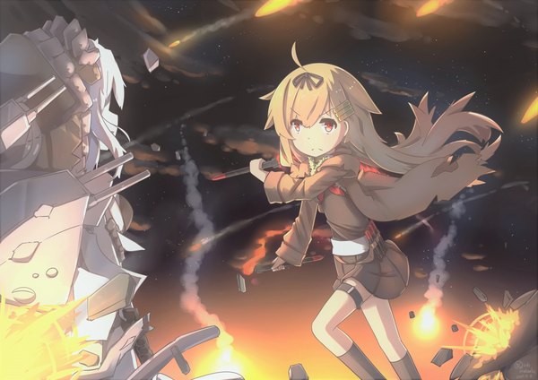 Anime picture 3508x2480 with kantai collection yuudachi destroyer hinbackc long hair highres blonde hair red eyes multiple girls holding signed looking away absurdres pleated skirt wind night wide sleeves dated battle shinkaisei-kan explosion